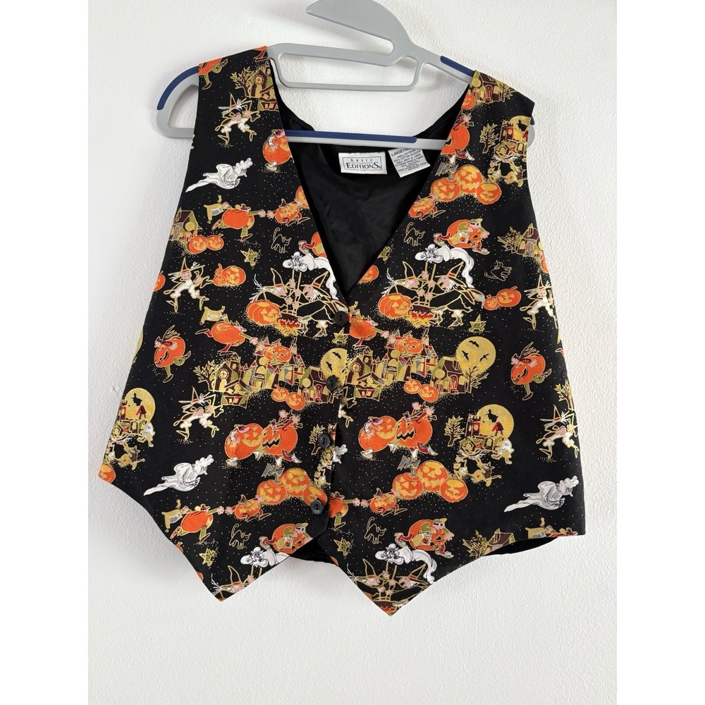 Vintage 1990s Basic Editions Halloween Vest Witch Pumpkins Ghost Sz Large